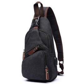 WTiger Canvas Sling Bag Crossbody Backpack Shoulder Casual Rucksack for Men Women Outdoor Cycling Hiking Travel Fishing Shopping trekking Black