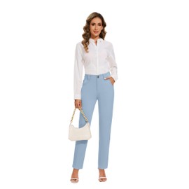 KICZOY Women's Stretch Business Straight Leg Dress Pants with Pockets Wear to Work Casual Suitpants A-Light Blue