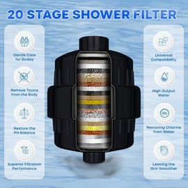 Shower Head Filter for Hard Water | 20 Stage High Output Shower Filter to Remove Chlorine & Toxic Chemicals, Reduce Dry Skin, Dandruff & Hair Damage - Black
