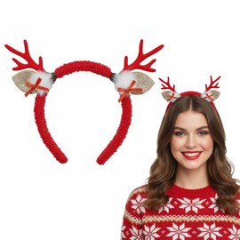 Tisbonsy Glitter Red Reindeer Antlers Headband with Bow & Snowflake - Christmas Hair Accessory for Women, Girls, Teens | Xmas Party Costume