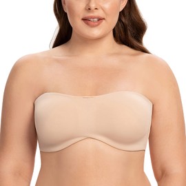 CASOLACE Woment's Seamless Underwire Bandeau Unlined Minimizer Strapless Bra Pale Nude 32DD