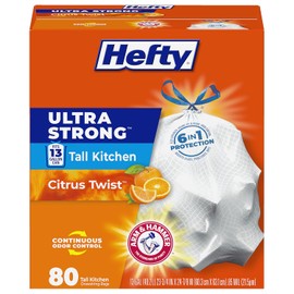 Hefty bolsas de basura con cordón para cocina, ultra fuertes, 13 galones, Torcedura de Cítricos, Blanco, 80 Count