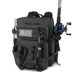 ROGJUK Small Tactical Fishing Tackle Backpack with Removable Plier Holder & Rod Holders Storage Fishing Gear and Equipment Tackle Bag 25l Lightweight Hiking Backpack Black without Tackle Boxes