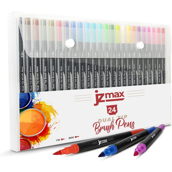 JZMAX Dual Tip Brush Pens Art Supplies Colouring Pens Set- Coloured Pens, Felt Tip Pens- Art Pens for Kids and Adult Colouring Books- Fine Tip for Drawing, Brush Tips for Calligraphy (24)