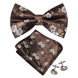 Gusleson Brown Bow Tie and Pocket Square Set for Men Floral Pre-Tied Bowties Cufflinks for Wedding (UK0493-26)