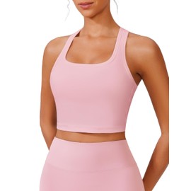 PINSPARK Sports Bra Top U Neck Tank Tops Racerback Yoga Top with Built in Bra Longline Gym Bras for Women Workout Crop Tank Exercise Bras X-Small,Pink
