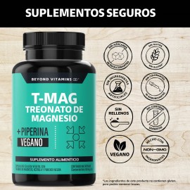 T-mag L- Treonato Magnesio, Magnesio Complex Y Acerola | Con Piperina Al 95% | Magnesium Threonate | Pimienta Negra Sin Azúcar - Bisglicinato Magnesio - Vitaminas Mujer / Hombre - 180 Cápsulas