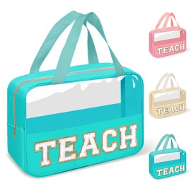 Teacher Appreciation Gifts Chenille Letter Clear Makeup Bag TEACH Pouch, Preppy Waterpoof Makeup Cosmetic Bag with Zipper Graduation Retirement Birthday Teacher Essentials Gifts for Women(TEACH-Green)