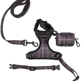Paw Highness Dog Walking Harness, Collar, Leash & Poo Bag Holder Set in Black Tartan Large