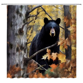 KDYDK Black Bear Shower Curtain Rustic Autumn Fall Forest Farmhouse Birch Tree Maple Leaf Wildlife Hunting Lake Cabin Fabric Bathroom Curtain with Hook