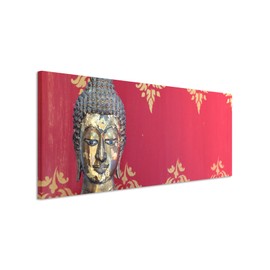 Paul Sinus Art Panorama Photo Canvas 120 x 40 cm Artistic Photography - Buddha Head with Red Background on Canvas Exclusive Wall Picture Modern Photography for Your Wall in Many Sizes