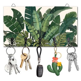 DELORIGIN Tropical Plant Leaves Key Holder Key Hooks Wall Mounted Wooden Key Racks with 5 Hooks Key Storage Organizer House Key Hanger for Wall Decor Door Entryway Hallway Kitchen New Home Gift