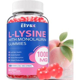 L-Lysine Gummies 1000mg, Sugar-Free Chewable Lysine with Monolaurin Supplement for Adults & Kids, Lips & Oral Health, Immune & Overall Health, Natural Peach Flavor, 60 Count
