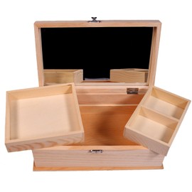Unfinished Wood Jewelry Box w/ Mirror & Removable Compartments - Ready to Paint!