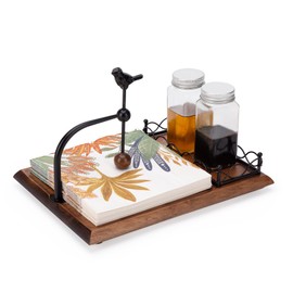 NPKCJZY Napkin Holder for Table with Bird Design, Black Metal Napkin Holder for Dining Table, Walnut Brown Wood Base Includes Space for Salt and Pepper Shakers for Kitchen Coffee Bar & Home Decor