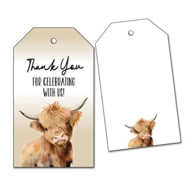 25 Highland Cow Thank You Tags for Birthday Party or Baby Shower Favors - Fluffy Cows, Beige