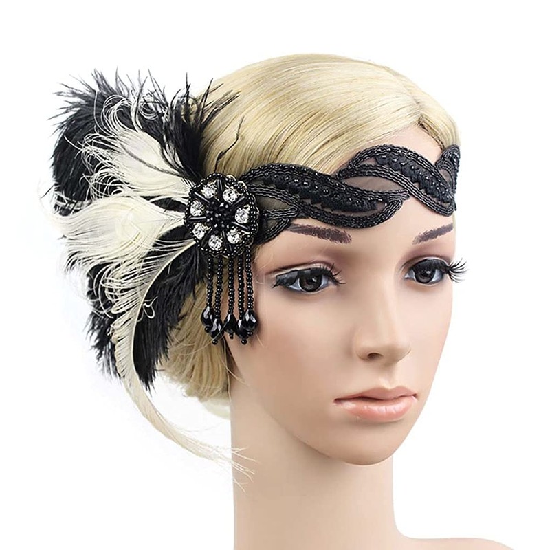 Flapper Girl Black Ivory Ostrich Feather Headpiece, Black-ivory, Size One