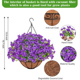 Besteek Artificial Hanging Flowers with Baskets for Outdoors, Fake Silk Pansy Flowers UV Resistant Faux Hanging Plants for Front Porch Patio Yard Home Spring Summer Decoration, Purple