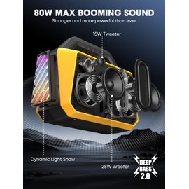 TPWIN Portable Bluetooth Speakers - Wireless Jobsite Speaker 80W Peak, TWS, Light Shows, Loud Speaker with Deep Bass, BT 5.3, IPX6 Waterproof, 20H Playtime for Outdoor Beach Camping Garage - Yellow