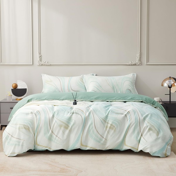 SAPHREAS HOME Green Marble Pattern Duvet Cover Set Queen Size