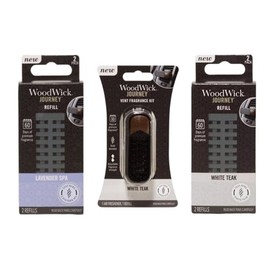 WoodWick Journey Teak Harmony auto Vent Fragrance kit White Teak with Adjustable Fragrance Strength, White Teak and Lavender Spa