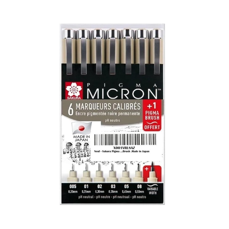 Sakura Pigma Micron-Set 7 Fineliners .005,01,02,03,05,08, Brush Made in Japan