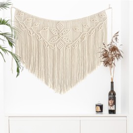 Youngeast Home Decor Leaf Shape Macrame Wall Hanging Woven Tapestry Bedroom Curtain Fringe Garland Banner Living Room Wall Decor Beige 39X31 inches