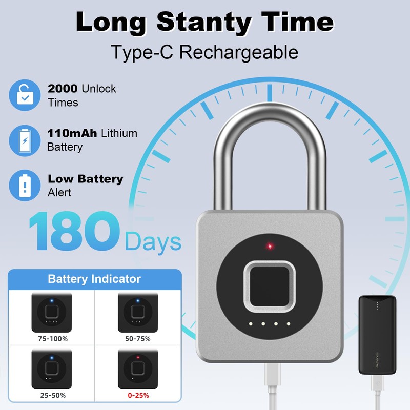 eLinkSmart Gym Locker Padlock - Fingerprint Mobile APP Unlock Remote