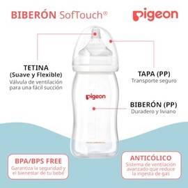 PIGEON SofTouch | Biberón Para Bebés De 3 Meses En Adelante | Simula Lactancia Materna | Tecnología Japonesa | Reduce Cólicos | 240 ml | Color Blanco.