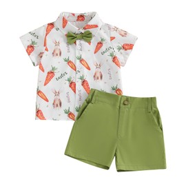 Licupiee Toddler Baby Boys Easter Outfits Carrot Print Short Sleeve Button Up T Shirts and Shorts Set 2Pcs Bunny Shorts Sets (Green, 2-3T)