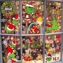 8 Pcs Grinch Christmas Window Stickers - Xmas Double-Sided Snowflake Decorations - Grinch Party Supplies - Christmas Decorations Christmas Window Stickers Grinch Window Stickers