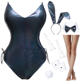 Disfraz de conejito para mujer, traje holográfico brillante, disfraz de Senpai, conjunto de medias de una pieza, Negro holográfico, S