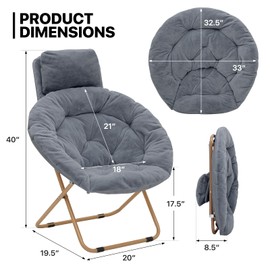 MoNiBloom Round Folding Faux Fur Saucer Chair for Bedroom Living Room Dorm Foldable Metal Frame Oversized Large Comfy Soft Lounge Lazy Cozy Moon Chair with Headrest for Adults (Gray)