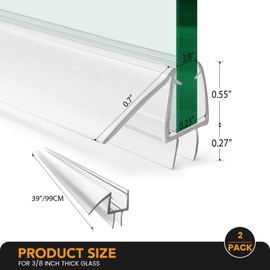 Shower Door Bottom Seal, 2-Pack PVC Strips with Sweep 39" Long, for 3/8"(10mm) Thick Framless Glass Door, to Stop Water Leakage