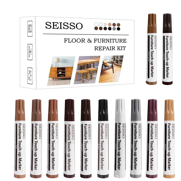 SEISSO New Upgrade 12 Colors Furniture Markers Touch Up Pen, Laminate Floor Repair Kit, Professional Wood Repair Kit for Floor Furniture Scratches, Stains, Crack, Wood Laminate