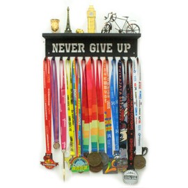 URBN BY MODERN HOME FINISHINGS Never Give Up Motivational Sports Medal Holder Display Rack Case Ribbon Hanger with Shelf and Hooks