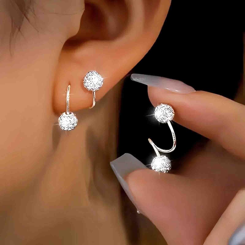 IRCOMULTI Silver Paved Crystal Ball Earrings Sparkling Rhinestone Double Ball