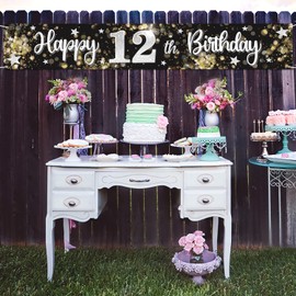 Nelbiirth Happy 12th Birthday Black & Silver Star Yard Sign Banner - Cheers to Twelve Years Old Birthday Home Outdoor Photoprop Backdrop, 12th Birthday Party Decoration.(9.8ft x 1.6ft)