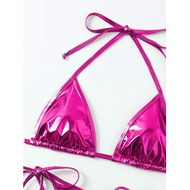 Women's Liquid Metallic Rainbow Bikini Sets Shiny String Padded Triangle 2 Pieces Swimsuit Set