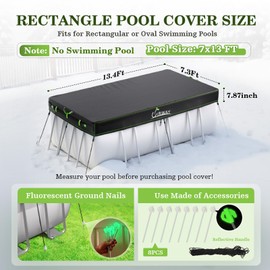 UIRWAY 7x13 FT Rectangular Pool Cover with Reflective Strips, Swimming Pool Cover for Above Ground Pool, Solar Cover Including Rope Tie and Luminous Ground Nails for Rectangular or Oval Pools