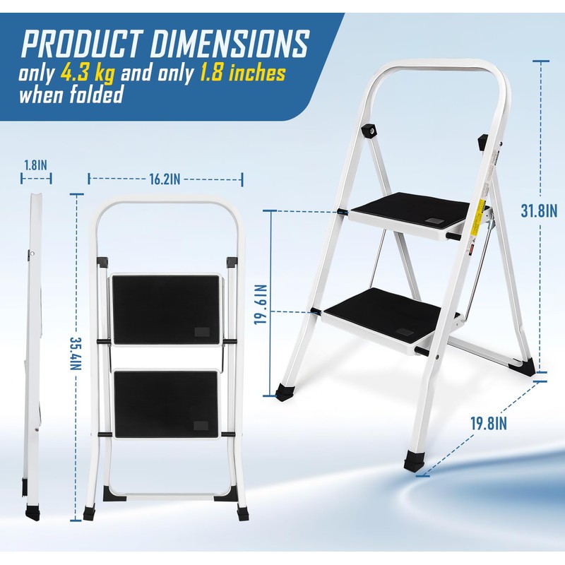 2 Step Stool, Folding Step Stool - Capacity with Wide