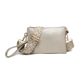 JEN & CO. Izzy Women's Crossbody Purse Wrislet Clutch Handbag With Removable Adjustable Guitar Shoulder Strap Vegan Leather, Gold