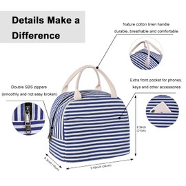 EurCross Blue White Stripes Lunch Bag for Adult Women Girls,Canvas Medium Insulated Cool Lunch Tote Box Bag for Work for School