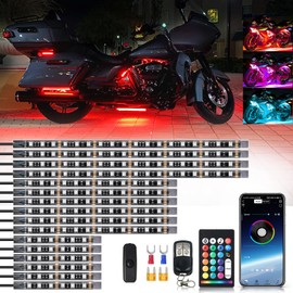 ZONECONA 16PCS Segmented Motorcycle RGB LED Light Kits with Brake Turn Signal, Underglow Lights with APP/Dual Remote, Multicolor 12v Waterproof Underbody Neon Strips Lights for Harley Yamaha Suzuki