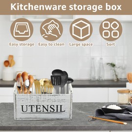 Kitchen Utensil Holder Countertop Detachable Wooden Utensil Organizer Utensil Caddy Wood Cutlery Holder for Counter Farmhouse Cooking Tools Holder with Drainage Bottom, 3 Compartments