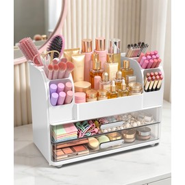 Makeup Organizer for Vanity,Countertop Cosmetic Organizer with 2 Clear Drawers & 6 Brush Holders,Large ABS Makeup Storage for Skincare,Lipsticks,Perfume,Nail Polish & Beauty Essentials,White
