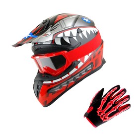 1Storm Adult Motocross Helmet BMX MX ATV Dirt Bike Downhill Mountain Bike Helmet Monster Shark Shark Red; + Goggles + Skeleton Red Glove Bundle