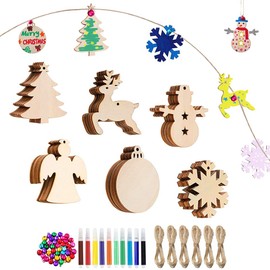 Vasemele Christmas Tree Decorations Wooden Pack of 60 Christmas Pendants Christmas Tree Decorations Christmas Wooden Pendant Christmas Wooden Decoration with Cords Watercolour Pen Bell