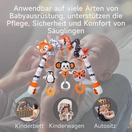 TUMAMA 2-in-1 Play Arch with Baby Pram, Fox Spiral Toy from 0 3 6 9 Months, Activity Spiral Baby Toy for Car Seat, Plush Toy Car Hanging Toy Baby Back Seat with Rattles Teething Ring