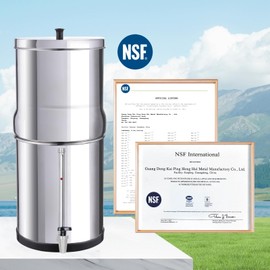 Amwater NSF/ANSI 42&372 Certification 2.25G Stainless Steel Gravity-Fed Water Filter System with 4 Black Purification Filter,Metal Spigot and 6inch Stand, Reduces Lead and up to 99% of Chlorine